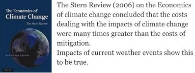 The Stern Review (2006) on the Economics of climate change concluded that the costsdealing with the impacts of climate changewere many times greater than the costs ofmitigation.  Impacts of current weather events show this to be true.